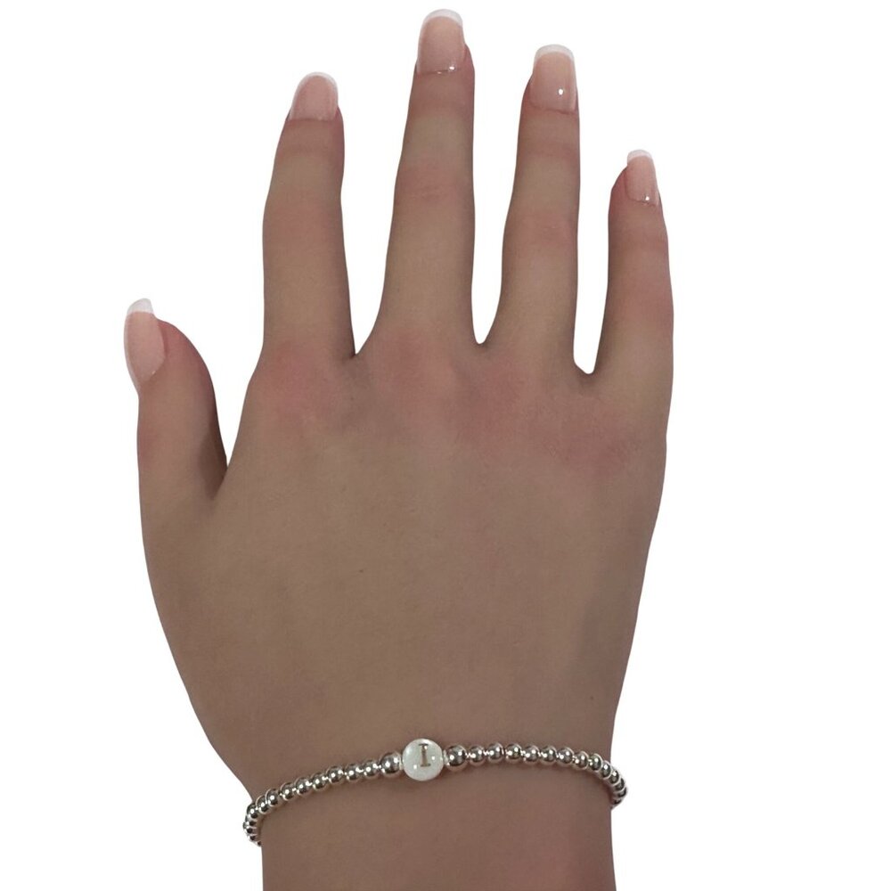 925 Sterling Silver Beaded Stretch Stacking Bracelet MOP Letter Initial I - Picture 6 of 6